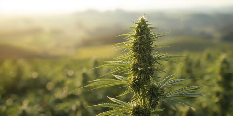 Marijuana leaves growing in an adjacent farm, suggesting natural CBD extraction and relaxation benefits, World Cannabis Day