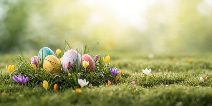 A cheerful Easter greeting card with colorful eggs and floral accents, suitable for holiday messaging - Powered by Adobe