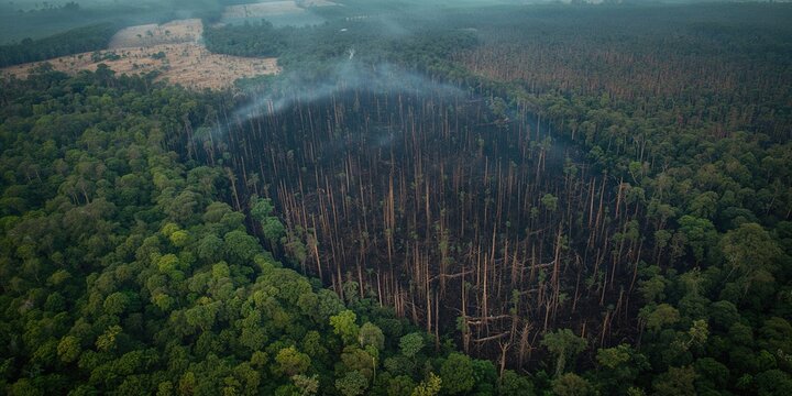 Aerial image showing destruction of the Amazon rainforest from illegal tree cutting and land conversion for cattle and farming, Earth Day