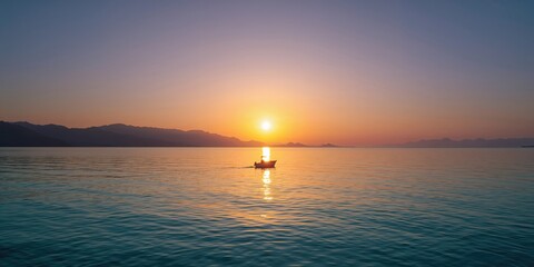 Boat gently floating on the water at dusk, serving as a serene background for text and layout, Earth Day