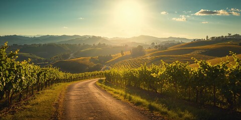 Fototapeta premium Rural pathway traversing cultivated grape fields, highlighting farming practices and landscape preservation