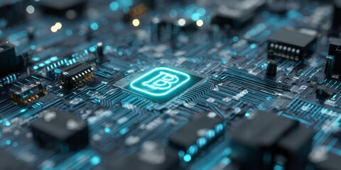 Glowing digital currency symbol integrated into a futuristic circuit board.