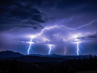 Lightning strikes over mountains at night during a thunderstorm