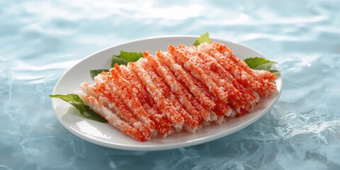 Crab sticks on a serving plate used in culinary presentation, highlighting processed seafood products