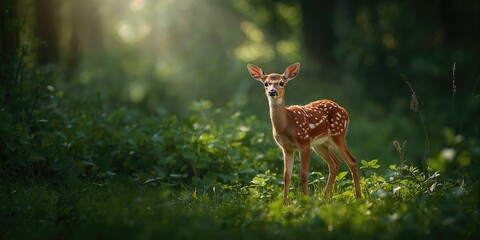 Obraz premium A curious fawn in its natural habitat, wildlife observation