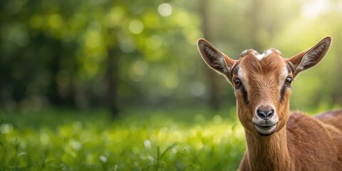Obraz premium Close-up of a brown goat in a summer forest setting, highlighting natural wildlife and animal behavior
