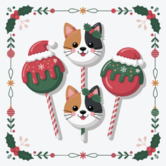 Cute Christmas Cat Head Cake Pops Vector Illustration with Holly Berry Decorative Frame