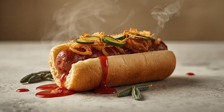 Close-up of a hot dog garnished with fried onions and cucumber slices, highlighting fresh ingredients - Powered by Adobe