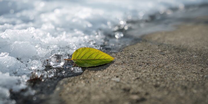 Green leaf amidst melting snow and ice on concrete surface, illustrating early spring changes