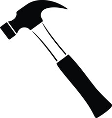 Black hammer silhouette vector illustration, simple tool icon showing classic claw hammer design, clean construction equipment graphic for hardware, carpentry, and DIY projects