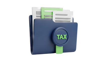 Dark Blue Folder Icon with Green TAX Label and Stack of Documents Transparent Background