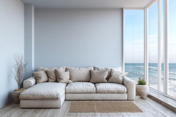 A modern sectional sofa faces a panoramic ocean view through large windows.