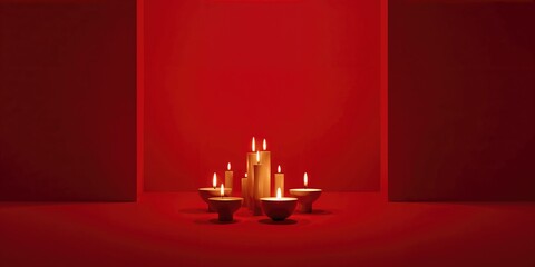 Modern candle arrangement with warm glow on a deep red background, suitable for setting a romantic mood in interior design, no holiday observed
