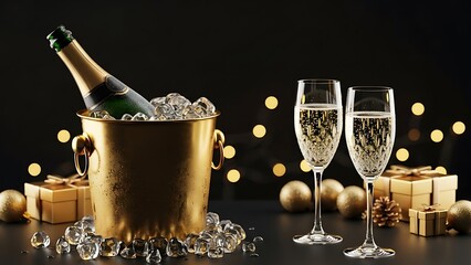 Celebration with Champagne Bottles and Flutes on Table with Gift Boxes and Warm Lights in Festive Indoor Setting