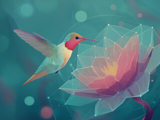 Vibrant hummingbird illustration flying towards a stylized geometric flower