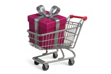Shopping cart carrying a pink gift box with a silver ribbon, symbolizing retail purchases and holiday presents on transparent background