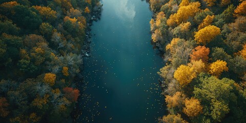 Bird's eye perspective of vibrant fall foliage lining a gentle river, highlighting natural preservation