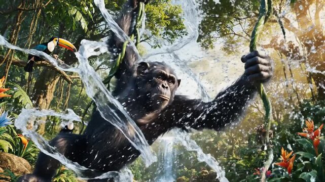 A powerful silverback gorilla splashes through lush rainforest as sunlight filters through mist spray