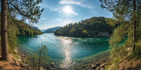 Fototapeta premium Drina River flowing through Tara Mountain landscape during summer with water and forest scenery, Earth Day