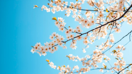 Spring cherry blossom branches in full bloom under clear blue sky on a sunny day