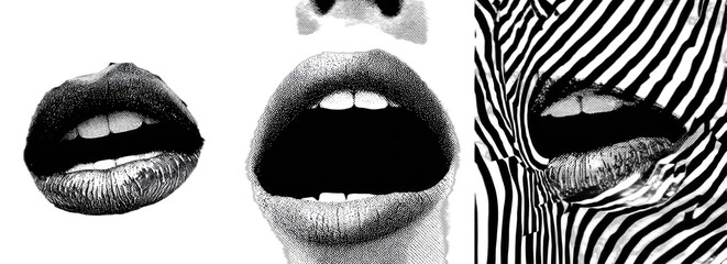 Three close-up black and white views of mouths with open lips and visible teeth