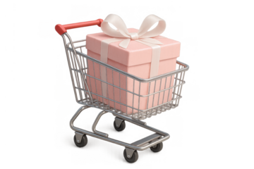Shopping cart carrying a pink gift box with a ribbon, symbolizing purchase, retail, and special occasion shopping