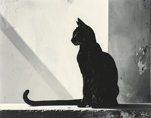 Glossy black cat sits, illuminated by sunlight casting a linear shadow on a textured wall in a monochrome image
