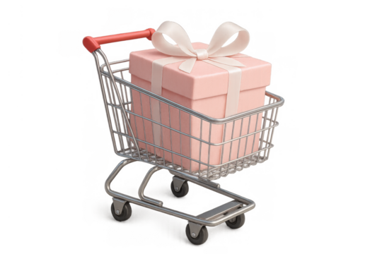 Shopping cart carrying a pink gift box with a ribbon, symbolizing purchase, retail, and special occasion shopping - Powered by Adobe