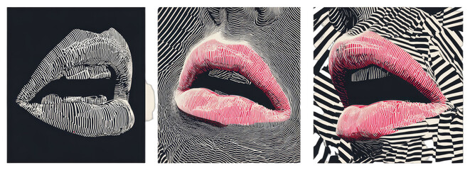 Close-up, vibrant pink lips with an open mouth, set against abstract black and white patterns