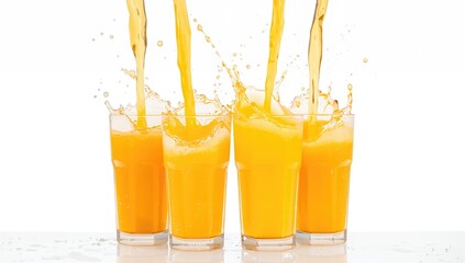Isolated background showing four apple yellow cold juices with pouring action and splashes, highlighting drink appeal, National Summer Drink Day