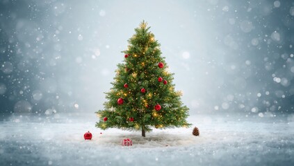 Obraz premium Christmas evergreen tree adorned with lights in a snowy winter setting, holiday decoration
