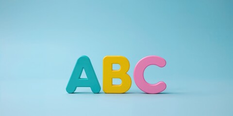 English alphabet letters in vibrant colors on a blue backdrop for beginner language education