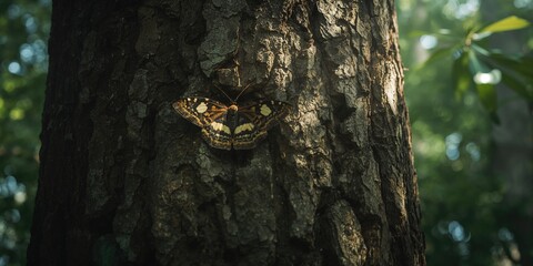 Obraz premium A moth with cryptic coloration resting on bark, focus on camouflage techniques