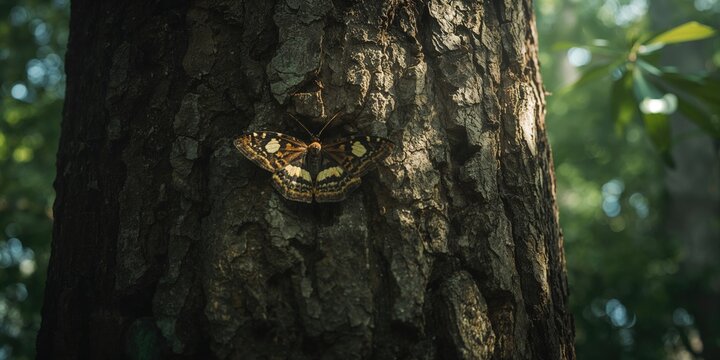 A moth with cryptic coloration resting on bark, focus on camouflage techniques