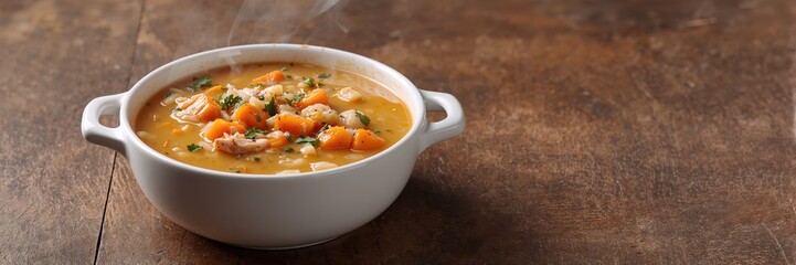 Homemade chicken and wild rice soup featuring vegetables and a smooth broth, suitable for nutritious meals