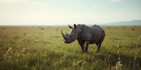 Side view of a rhino in a grassy landscape, highlighting natural habitat preservation