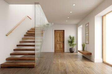 Modern floating staircase with glass railing and wooden accents.