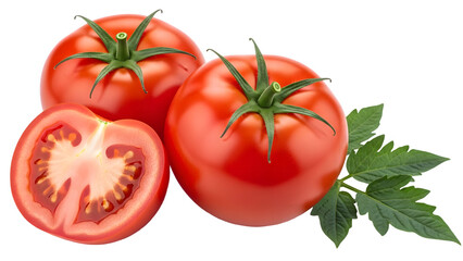 Three fresh red tomatoes with stem and slice isolated on transparent background