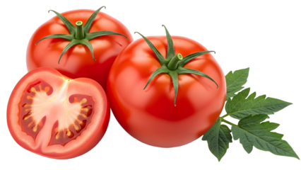 Three fresh red tomatoes with stem and slice isolated on transparent background