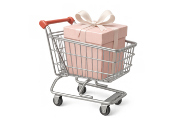 Shopping cart carrying pink gift box with ribbon, representing retail purchases, online shopping, and consumer concepts