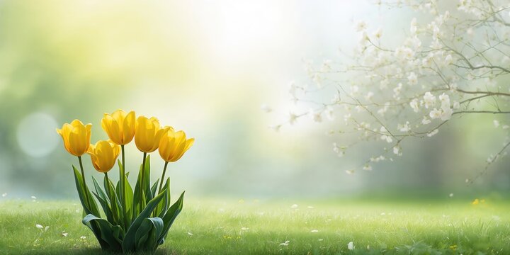 Bright yellow giant tulips in a spring garden, used as a floral background for design and layout purposes