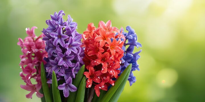 Colorful hyacinth flowers in bloom used as a floral background for text or design projects