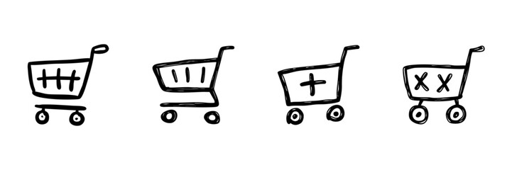 Shopping Cart Line Icon Set In Doodle Style. E-Commerce, Online Shopping, And Retail Transaction Outline Sketch Collection. Hand Drawn Isolated Vector Illustration