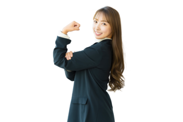 ガッツポーズをする女性・ビジネスウーマン（背景透過PNG）