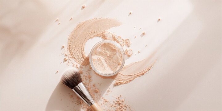 Glass jar with loose cosmetic powder and brush, used for face makeup application, focusing on beauty routines