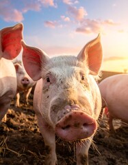 A close-up view captures a curious pig gazing directly at the viewer, with other pigs in the background, lit by warm sunlight
