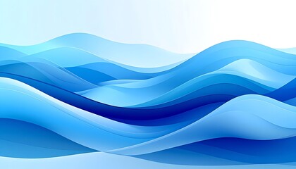 Fototapeta premium Flowing abstract wavy layers, shades of blue, creates a sense of depth and movement. Light transitions to white at top