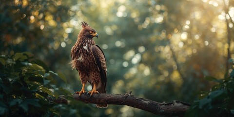 Crested Serpent Eagle resting on a branch, suitable for nature identification and birdwatching backgrounds