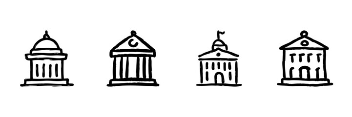 Obraz premium Government And Institutional Buildings Line Icon Set In Doodle Style. Civic Architecture And Public Administration Outline Sketch Collection. Hand Drawn Isolated Vector Illustration