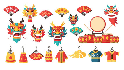 Chinese Dragon and Lion Dance Mask Set: Drums, Fans, and Traditional Costume Illustration